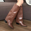 Women's Chunky Knee-High PU Leather Chelsea Boots Pointed Toe Square Heel Platform Winter Boots