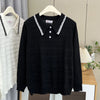 Plus Size Women's Polo Collar Knit Sweater with Hollow-Out Patchwork - Casual Pullover for Spring/Autumn
