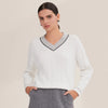 Women's Luxurious V-Neck 100% Cotton Knit Pullover Sweater - Casual Long Sleeve