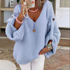 Women's Casual Knitted V-Neck Sweater – Button Detail Lantern Sleeve Loose Pullover for Fall/Winter
