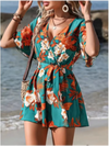 Printed V-Neck Short Sleeve High-Waist Jumpsuit for Women - Loose Beach Vacation Summer Outfit