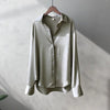 Women's Satin Button-Front Blouse — Korean Long Sleeve Casual Office Top, Slim Fit