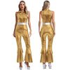 Women's 70s Disco Metallic Jumpsuit – Retro Hippie Bell-Bottom with Tiered Flare Sleeves, Back-Zip Party Costume