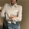 Women’s White Chiffon Button-Down Blouse with Pocket — Long Sleeve Lapel Office Top