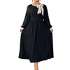 Plus Size A-Line Long Sleeve Dress with Contrast Bow Round Neck Black (XL-XXXXL)