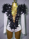 Shiny Black Rhinestone Velvet Long Sleeve Bodysuit for Women, Evening Party Club Stage