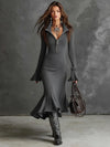 Women’s Knitted Fishtail Midi Dress – Slim Fit Lapel Collar, Flared Full Sleeves – Autumn Winter Solid