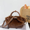 Women's Faux Fur Plush Clutch & Crossbody Bag - Pleated Belt Design, Fluffy Handle Shoulder Purse