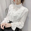 Women's Long Sleeve Loose Ruffle Lace Blouse – Button Stand Collar Pleated Casual Top (White/Apricot)