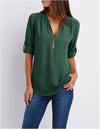 Women's Summer Loose Chiffon Blouse Deep V-Neck Zipper Pullover Casual Plus Size