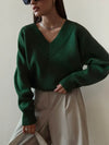 Oversized V-Neck Knit Sweater for Women - Vintage Solid Loose Pullover, Korean Casual Long Sleeve Jumper