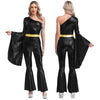 Women's 70s Disco Metallic Jumpsuit – Retro Hippie Bell-Bottom with Tiered Flare Sleeves, Back-Zip Party Costume