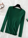 Women V-Neck Knitted Pullover Sweater — Slim Fit Long Sleeve One Size Autumn/Winter