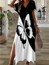 Women's Summer Boho V-Neck Printed Split Ankle-Length Dress Loose Resort Beach Evening