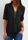 Women's Summer Loose Chiffon Blouse Deep V-Neck Zipper Pullover Casual Plus Size