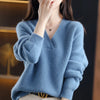 Women's V-Neck Loose Knit Pullover Sweater - Solid Soft Warm One Size, Autumn/Winter Casual