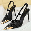 Woven Hollow Pointed-Toe Stiletto Pumps for Women – 9.5 cm (3.7 in) Buckle High Heels, Summer Party Sandals
