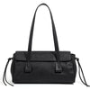 Genuine Cowhide Leather Women's Shoulder Bag Large Capacity Black Baguette Handbag with Long Strap