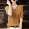 Women's V-Neck Short Sleeve Knit Top - Slim Casual Korean Pullover for Spring/Summer (Poly Cotton)