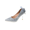 Women's Silver Ribbon Rhinestone Stiletto Pumps Pointed Toe High Heels Lightweight (EU 34-43)
