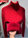 Velvet Lined Turtleneck Sweater Slim Knit Pullover for Women Warm Winter Korean Style