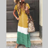 Women's Casual Color-Block V-Neck Ankle-Length Maxi Dress — Loose Short Sleeve A-Line Summer Dress