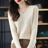 Women's V-Neck Knit Pullover Sweater — Long Sleeve Loose Fit Office Style