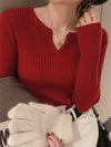 Autumn Winter Women's Rib Knit V-Neck Stripe Pullover Sweater Y2K Long Sleeve Casual