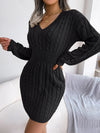 VigoCasey V-Neck Long Sleeve Knit Dress – Women's Autumn/Winter Solid Bodycon A-Line Ankle-Length