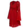 Chiffon Lace Ruffle Patchwork A-Line Mini Dress V-Neck Long Sleeve Slim Fit (White, Black, Red)