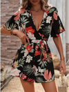 Printed V-Neck Short Sleeve High-Waist Jumpsuit for Women - Loose Beach Vacation Summer Outfit