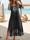 Plus Size V-Neck Butterfly Print Dress - Short Sleeve Split Hem Summer Beach Dress