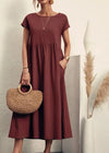 Women’s Vintage Cotton-Linen O-Neck Short Sleeve Maxi Dress – Casual Loose Pleated Summer Sundress