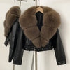 Eco-Friendly Women's Faux Leather Jacket with Detachable Faux Fur Collar and Pockets Short PU Coat