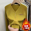 Women's Thick Velvet V-Neck Knit Pullover Slim Fit Lined Sweater Korean Style Winter Knitwear