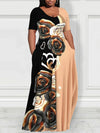 Plus Size Colorblock Rose Maxi Dress (0XL–5XL) Black & Brown Floral Patchwork Loose Fit