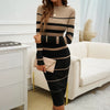 ITOOLIN Patchwork Striped Knit Midi Dress — Long Sleeve Slim A-Line Office Dress for Fall