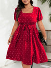 Plus Size Square Neck Polka Dot Belted A-Line Dress with Puff Sleeves High-Waist Summer Dress