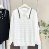 Plus Size Women's Polo Collar Knit Sweater with Hollow-Out Patchwork - Casual Pullover for Spring/Autumn