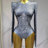 Silver Rhinestone Long-Sleeve Stretch Bodysuit for Women — Evening Party & Clubwear