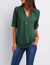 Women's Loose V-Neck Chiffon Blouse with Zipper Pullover — Casual Plus Size