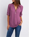 Women's Summer Loose Chiffon Blouse Deep V-Neck Zipper Pullover Casual Plus Size
