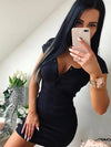 Summer Women's Knit V-Neck Mini Dress – Casual Short Sleeve Button Front Bodycon Sheath