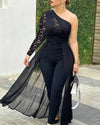 Women's Round Neck Rhinestone Sheer Mesh Sleeveless Jumpsuit with Belt, High-Waist Skinny Fit