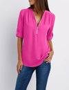Women's Summer Loose Chiffon Blouse Deep V-Neck Zipper Pullover Casual Plus Size