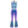 Women's Metallic Disco Jumpsuit 70s 80s Flared Ankle-Length Party Clubwear