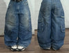 Women's Street Vintage Harajuku Wash Blue Baggy Multi-Pocket Wide-Leg Denim Jeans High Waist