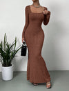 Women's Square Neck Mid-Length Knit Dress Slim Fit Long Sleeve Wrap Retro Fall Casual