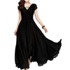 Chiffon Bohemian V-Neck Maxi Dress Short Sleeve Front Wrap Lace Detail Elastic Waist S-5XL
