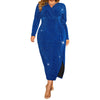 Plus Size Sequin Maxi Dress XL-XXXXL Deep V-Neck Long Sleeve Side Slit Evening Gown